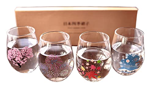 丸モ高木陶器 Japanisches Vierjahreszeiten-Glasbecher-Set, magische blühende Mehrzweckgläser, Kirschblüte, Feuerwerk, Herbstblätter, Schneeflocken von 丸モ高木陶器