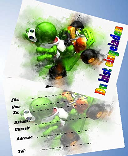 000 12 Einladungskarten & 12 Umschläge für Geburtstag Partys und Kindergeburtstag Super Mario/Yoshi Nr. 14 von 000