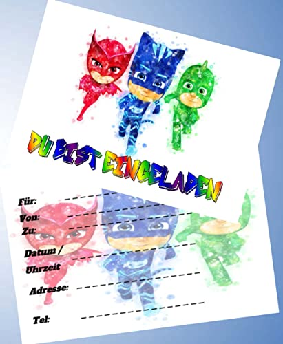 12 Einladungskarten & 12 Umschläge für Geburtstag Partys und Kindergeburtstag Pj Masks Nr. 01 von 000