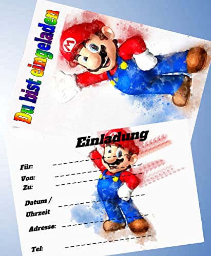 12 Einladungskarten & 12 Umschläge für Geburtstag Partys und Kindergeburtstag Super Mario Nr. 13 von 000