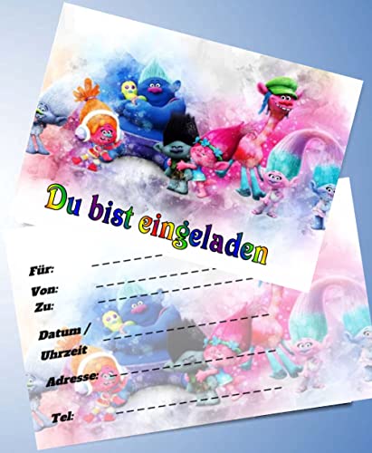 12 Einladungskarten & 12 Umschläge für Geburtstag Partys und Kindergeburtstag Trolls Nr. 01 von 000