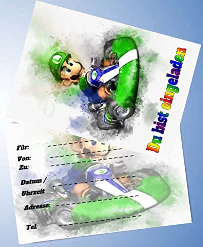 12 Einladungskarten & 12 Umschläge für Geburtstag Partys und Kindergeburtstag kompatibel mit Super Mario / Mario Kart Nr. 16 von 000