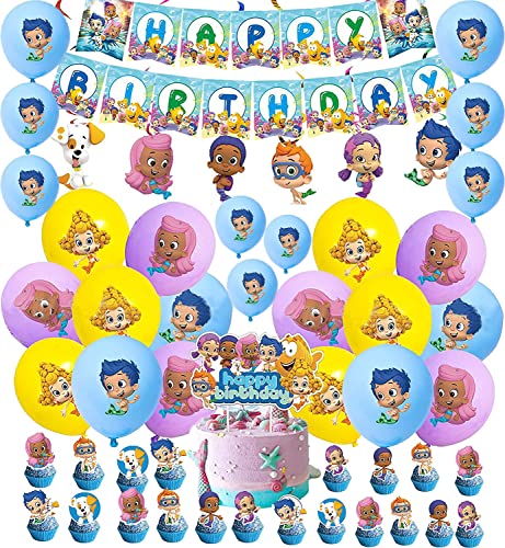 Bubble Guppies Geburtstag Deko: Gil Luftballons, Banner, Kuchendekoration, Cupcake Topper, Wirbeldekorationen in Blau für Bubble Guppies Geburtstagsparty von 000