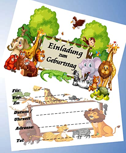 10 Einladungskarten für Geburtstag Partys und Kindergeburtstag Zoo / Dschungeltiere Nr. 1 von 0000