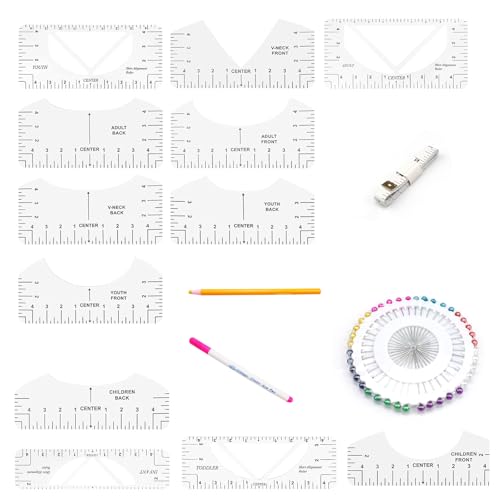 0XBIT Ausrichtungslineal Plotter, 12 Stück T-Shirt Ruler Guide, Transparente Lineal T-Shirt mit Flexiblem Lineal, Perlennadel, Nähstift und Fade-Stift, T-Shirt Ausrichtung Lineal ist für T-Shirts Geei von 0XBIT