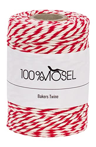 100% Mosel Baumwollkordel, in Rot-Weiß (2 mm x 100 m), nachhaltiges Band aus Baumwolle, lebensmittelechtes Geschenkband für Weihnachten & Adventszeit, Garn als Verpackungsmaterial für jeden Anlass von 100%Mosel