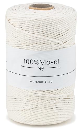 100% Mosel Baumwollkordel in Natur-Weiß (3 mm x 200 m), Dekoband für Tischdekorationen im Boho-Stil, lebensmittelechtes Garn für Makramee von 100%Mosel