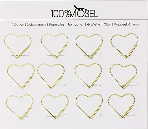 100% Mosel Büroklammern Gold, 12 Stück, in Herzform (3 x 2,7 cm), edle Klammern aus Metall, modernes Accessoire fürs Büro/Homeoffice, elegante Deko zu besonderen Anlässen von 100%Mosel