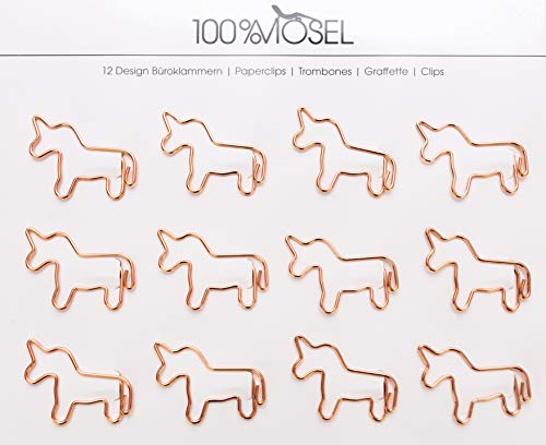 100% Mosel Büroklammern Roségold, 12 Stück, in Einhornform (3,8 x 2,8 cm), edle Klammern aus Metall, modernes Accessoire fürs Büro/Homeoffice, elegante Deko zu besonderen Anlässen von 100%Mosel