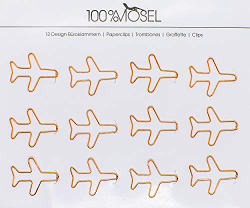 100% Mosel Büroklammern Roségold, 12 Stück, in Flugzeugform (3,6 x 3 cm), edle Klammern aus Metall, modernes Accessoire fürs Büro/Homeoffice, elegante Deko zu besonderen Anlässen von 100%Mosel