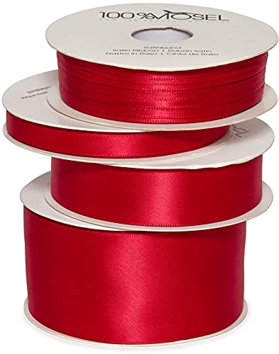 100% Mosel Satinband, in Rot (Set mit 4 Rollen), matt glänzendes Geschenkband, edles Schleifenband zum Dekorieren & Basteln, zum Einpacken besonderer Geschenke, für Hochzeit, Weihnachten uvm. von 100%Mosel