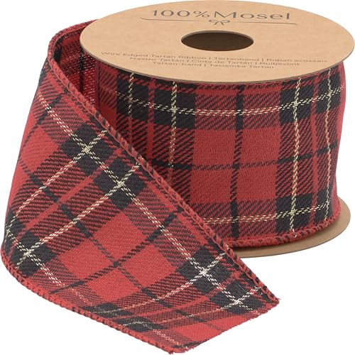 100% Mosel Schleifenband Schottenkaro, in Rot (6 cm x 5 m), mit Drahtkante, kariertes Geschenkband mit Gold Akzent für Weihnachten, Tartan Dekoband aus Stoff als klassische Weihnachtsbaum Dekoration von 100%Mosel