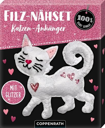 Filz-Nähset: Katzen-Anhänger (weiß): Alles-drin-Set für einen Katzen-Anhänger aus Filz und Glitzerstoff, ab 8 Jahren, Nähen mit der Hand von 100% selbst gemacht