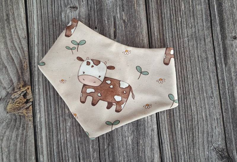 Baby Halstuch Lätzchen Kuh Jungen Mädchen Braun Geburt Geschenk Taufe Kühe Spucktuch Schal Beige Blumen Bauernhof Tiere Süß Babykleidung von 17Maschen