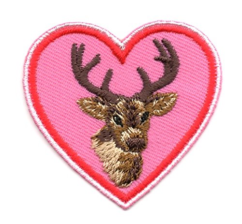 2 Aufnäher Bügelbild Aufbügler Iron on Patches Applikation Landhaus Wiesn Herz Hirsch 4,8 x 4,5cm Farbe: Rot-Pink Vor152-3 von 1A-Kurzwaren