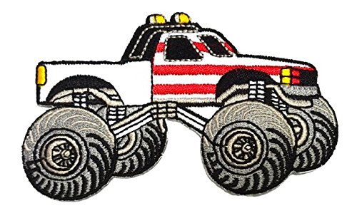 Aufnäher Bügelbild Aufbügler Iron on Patches Applikation Auto Cars Monstertruck 10 x 6cm Farbe: Weiss von 1A-Kurzwaren