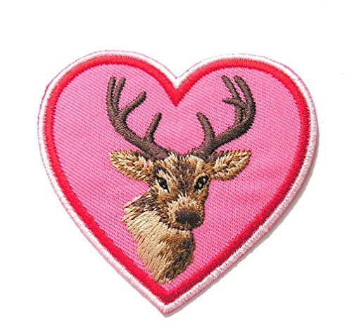 Aufnäher Bügelbild Aufbügler Iron on Patches Applikation Herz mit Hirsch 6,8 x 6,6cm Farbe: Rosa vor205-4 von 1A-Kurzwaren