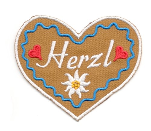 Aufnäher Bügelbild Aufbügler Iron on Patches Applikation Landhaus Wiesn Herz Herzl 7 x 6cm Farbe: Weiss-Dunkelblau-Braun von 1A-Kurzwaren