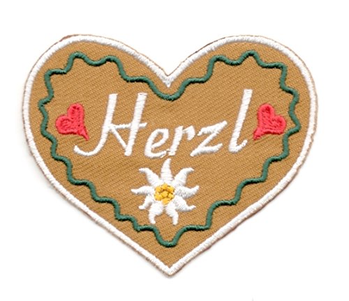 Aufnäher Bügelbild Aufbügler Iron on Patches Applikation Landhaus Wiesn Herz Herzl 7 x 6cm Farbe: Weiss-Dunkelgrün-Braun von 1A-Kurzwaren