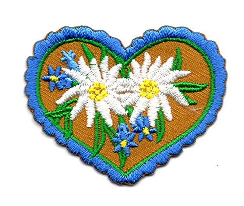 Aufnäher Bügelbild Aufbügler Iron on Patches Applikation Landhaus Wiesn Herz mit Enzian und Edelweiss 5,2 x 4cm Farbe: Blau-Braun von 1A-Kurzwaren