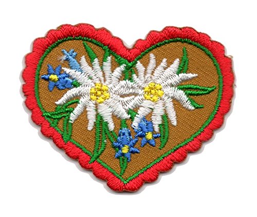 Aufnäher Bügelbild Aufbügler Iron on Patches Applikation Landhaus Wiesn Herz mit Enzian und Edelweiss 5,2 x 4cm Farbe: Rot-Braun von 1A-Kurzwaren