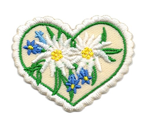 Aufnäher Bügelbild Aufbügler Iron on Patches Applikation Landhaus Wiesn Herz mit Enzian und Edelweiss 5,2 x 4cm Farbe: Weiss-Beige von 1A-Kurzwaren