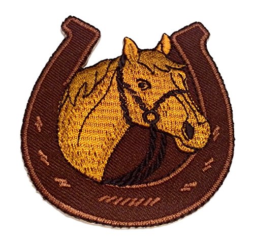 Aufnäher Bügelbild Aufbügler Iron on Patches Applikation Pferd mit Hufeisen 7 x 7,5cm Farbe: Braun von 1A-Kurzwaren