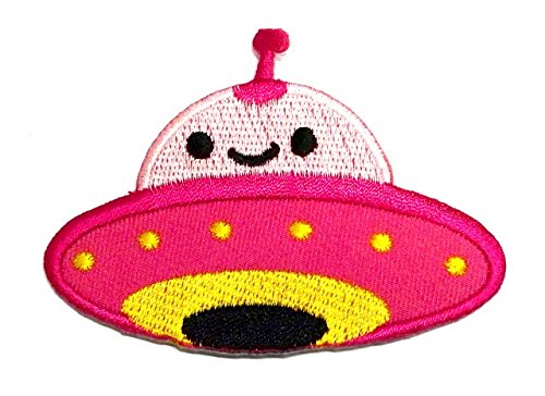 Aufnäher Bügelbild Aufbügler Iron on Patches Applikation Sticker UFO 8 x 5,8cm Farbe: Rosa-Pink-Gelb von 1A-Kurzwaren