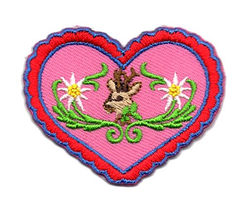 Aufnäher Bügelbild Aufbügler Iron on Patches Applikation Wiesn Herz Hirsch Edelweiss 5,4 x 4,2cm Farbe: Blau-Rot-Pink von 1A-Kurzwaren