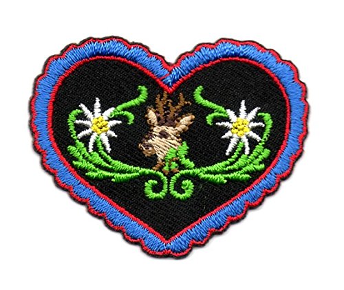 Aufnäher Bügelbild Aufbügler Iron on Patches Applikation Wiesn Herz Hirsch Edelweiss 5,4 x 4,2cm Farbe: Rot-Blau-Schwarz von 1A-Kurzwaren