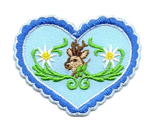 Aufnäher Bügelbild Aufbügler Iron on Patches Applikation Wiesn Herz Hirsch Edelweiss 5,4 x 4,2cm Farbe: Weiss-Blau von 1A-Kurzwaren