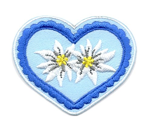 Aufnäher Bügelbild Aufbügler Iron on Patches Applikation Wiesn Herz mit Edelweiss 5 x 4,5cm Farbe: Blau-Hellblau von 1A-Kurzwaren