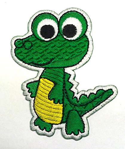 Aufnäher Bügelbild Aufbügler Iron on Patches Applikation lustiger Dino Dinosaurier Krokodil 5,5 x 7,5cm Farbe: Grün-Gelb von 1A-Kurzwaren