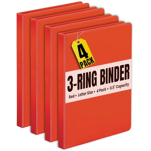 1InTheOffice Poly 3-Ringbuch, rund, nicht sichtbar, 2 Taschen, 1,3 cm Kapazität, 27,9 x 21,6 cm, Rot, 4 Stück von 1InTheOffice