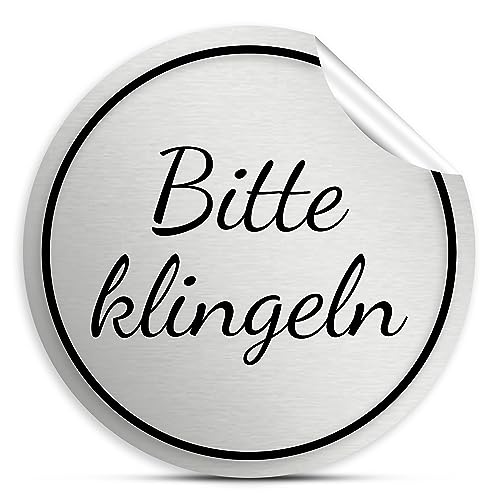 Bitte klingeln Aufkleber rund, 10cm in silber, Klingelschild, selbstklebende Sticker für draußen, wetterfest und UV-beständig von 1peak