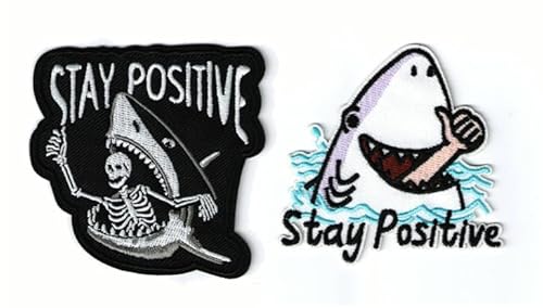 1step2dream Funny Stay Positive Thumbs-Up Iron On Patches | Witty and Humorous Shark Design | Embroidered Patch Emblem Badge for Clothes Hats Bags Shoes Backpacks Jeans von 1step2dream