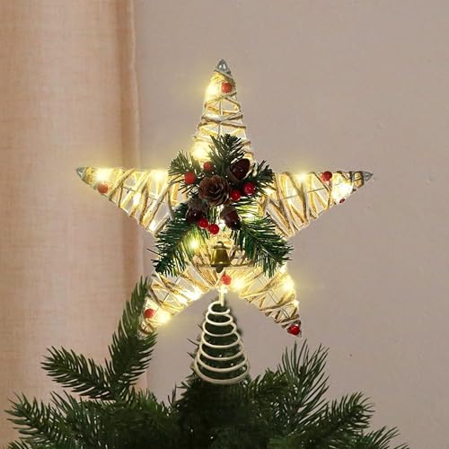 Christbaumspitze Stern, Weihnachtsbaum Stern Spitze, 20 LED Lichter Christbaumspitze Beleuchtet, Weihnachtsbaum für Indoor Festliche Weihnachten Neujahr Urlaub Baumschmuck (Baumwollgarn mit Blumen) von 23GUANYI