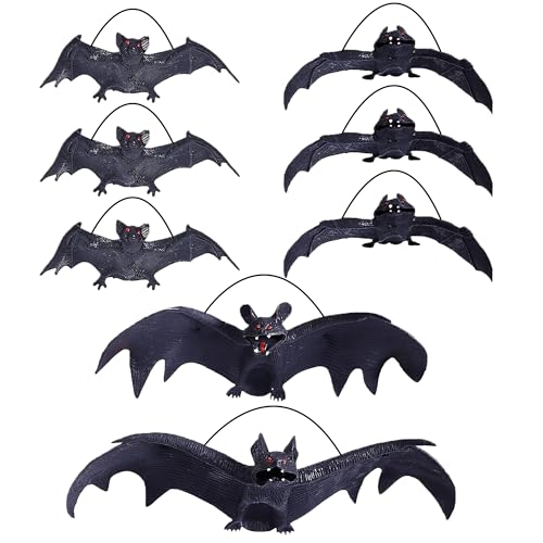 Halloween Deko Fledermaus Set, 8 Stück Halloween Hängende Fledermäuse Deko Outdoor, Realistisch Aussehende Gruselige Fledermäuse für Halloween Party Zubehör Deko Für Garten Fenster Tür Baum Draußen von 23GUANYI