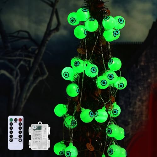 Halloween Deko Outdoor, Halloween LED Lichterkette Außen, 30 LEDs Horror Augapfel mit Batterie Betrieben & 8 Modi Lichter mit Fernbedienung, Grüne Lichter für Home Indoor Outdoor Halloween Party von 23GUANYI