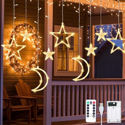 Ramadan Lichterkette mit Mond und Sternen, Ramadan Deko 3.5M Lichterketten Vorhang Eid Mubarak Dekoration USB 12 LEDs Lichterkette Innen mit Fernbedienung für Balkon Innen Außen Party Islam Deko von 23GUANYI