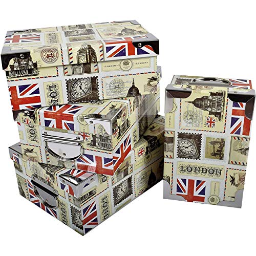 2J London,Satz von 3 bedruckten Pappschachteln aus Karton Dekor UK, England, London mit Metallwinkeln und Griffen. Größen: B 42x30x16 cm - M 40x20,5x15 cm - S 38x26,5x14 cm von 2.J.