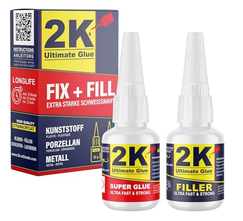 2K ultimate glue FIX + FILL Kleber extra stark für Kunststoff Gummi Stein Keramik Sekundenkleber/Superkleber - Kunststoff Reparaturset Super glue 2 komponenten Kleber Industriekleber (1 Set) von 2K Ultimate Glue