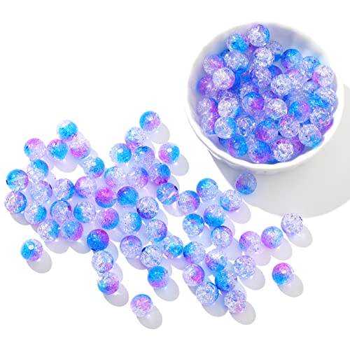 100 Stück 8 mm lila + blau glatte Crackle Perlen Runde Lampwork Acryl Spacer Perlen mit gratis Kristall Stretch Schnur für DIY Schmuckherstellung handgefertigt von 2TTFishoo