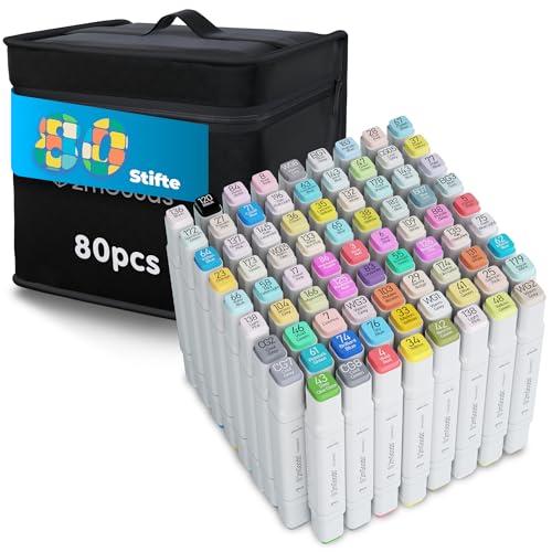 2mGoods 80er Set Alkoholmarker mit Doppelspitze, Copic Marker Set, Twin Marker, Filzstifte für Erwachsene, color pens, schnelltrocknend, geruchsarm, lichtbeständig, ideal für Kunst und Skizzen von 2mGoods