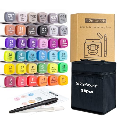 2mGoods Marker Stifte Set | Doppelspitzen| Alkoholbasierte Marker | Chisel & Fine | Schnelltrocknend | Intensive Farben | inkl. Musterkarte, Aufbewahrungstasche, Feinliner und Highlighter (36 Farben) von 2mGoods