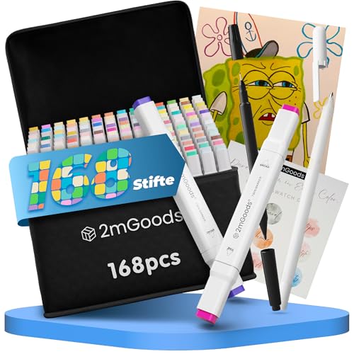 2mGoods 168er Set Alkoholmarker mit Doppelspitze, Copic Marker Set, Twin Marker, Filzstifte für Erwachsene, schnelltrocknend, geruchsarm, lichtbeständig, ideal für Kunst und Skizzen von 2mGoods