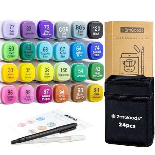 2mGoods Marker Stifte Set | Doppelspitzen| Alkoholbasierte Marker | Chisel & Fine | Schnelltrocknend | Intensive Farben | inkl. Musterkarte, Aufbewahrungstasche, Feinliner und Highlighter (24 Farben) von 2mGoods