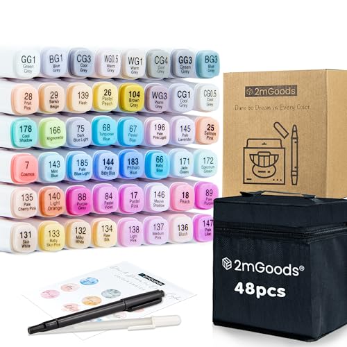 2mGoods 48er Set Alkoholmarker mit Doppelspitze, Copic Marker Set, Twin Marker, Filzstifte für Erwachsene, Graffiti Stifte, schnelltrocknend, geruchsarm, lichtbeständig, ideal für Kunst und Skizzen von 2mGoods