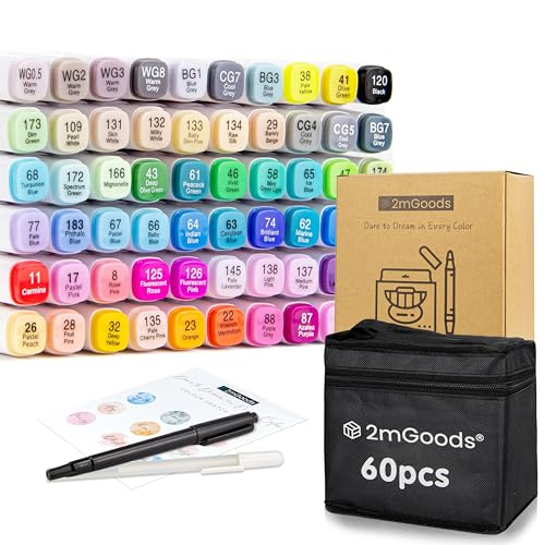 2mGoods Marker Stifte Set | Doppelspitzen| Alkoholbasierte Marker | Chisel & Fine | Schnelltrocknend | Intensive Farben | inkl. Musterkarte, Aufbewahrungstasche, Feinliner und Highlighter (60 Farben) von 2mGoods