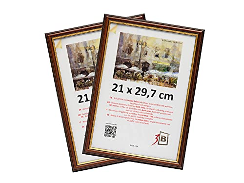 3-B Bilderrahmen BARI RUSTIKAL - 2-Pack - Dunkel Braun/Gold - 21x29,7 cm (A4) - Holzrahmen, Fotorahmen aus exotischem Holz (Ayous), Portraitrahmen mit Acrylglas von 3-B